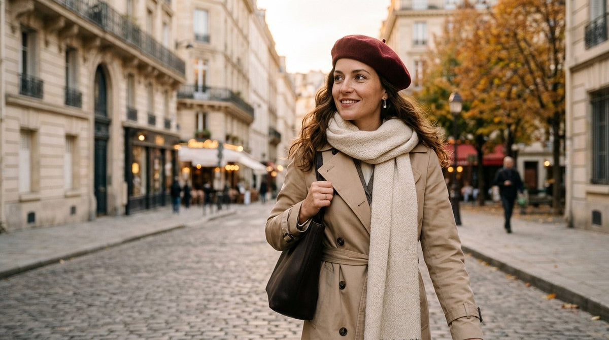 Femme portant un béret bordeaux à Paris en automne