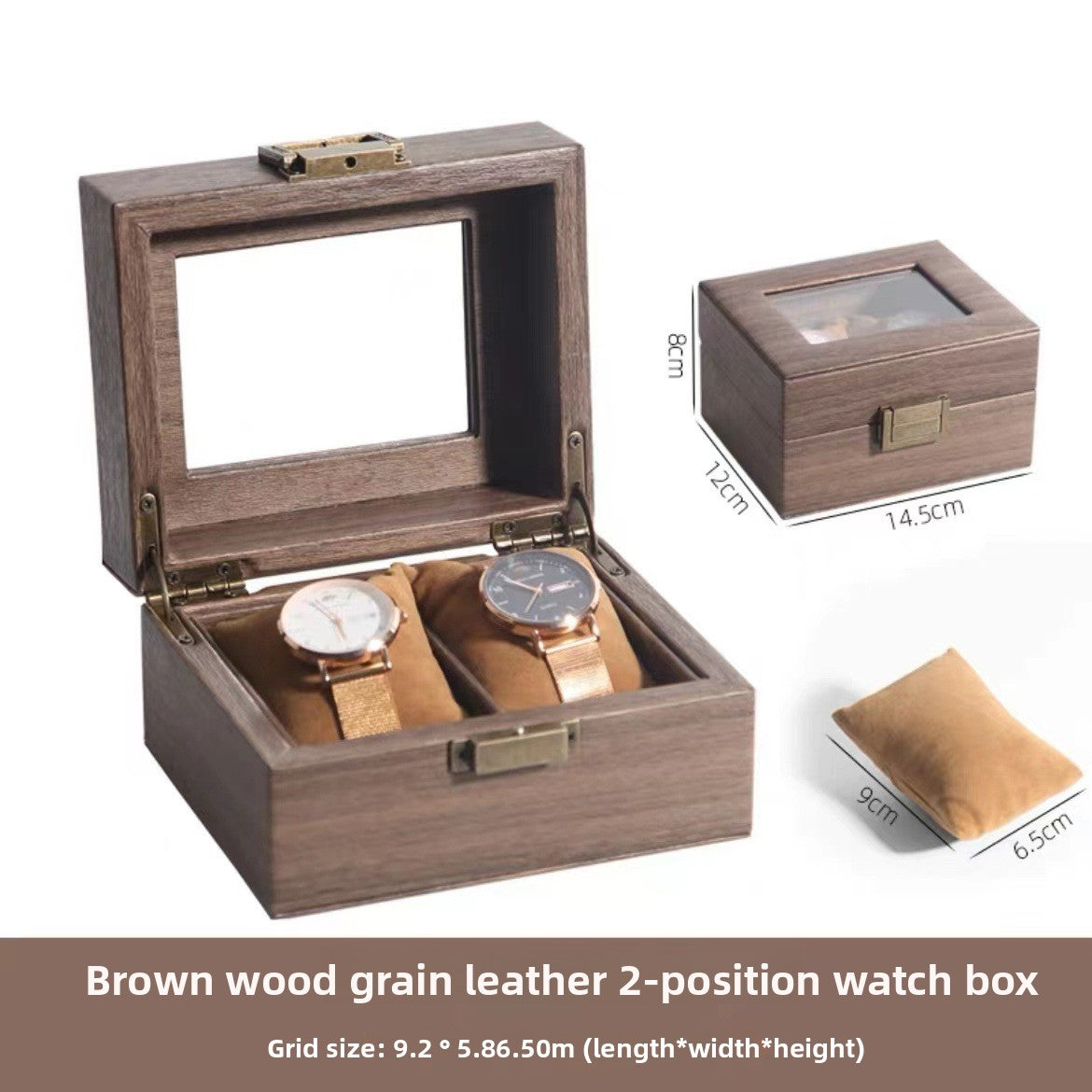 Boîte à montres en simili cuir – Dessus en verre, coussins doux