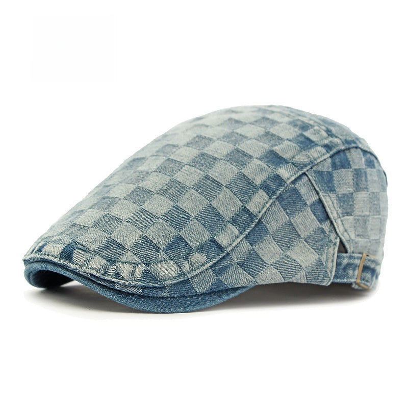 Casquette en denim délavé à carreaux – Style rétro