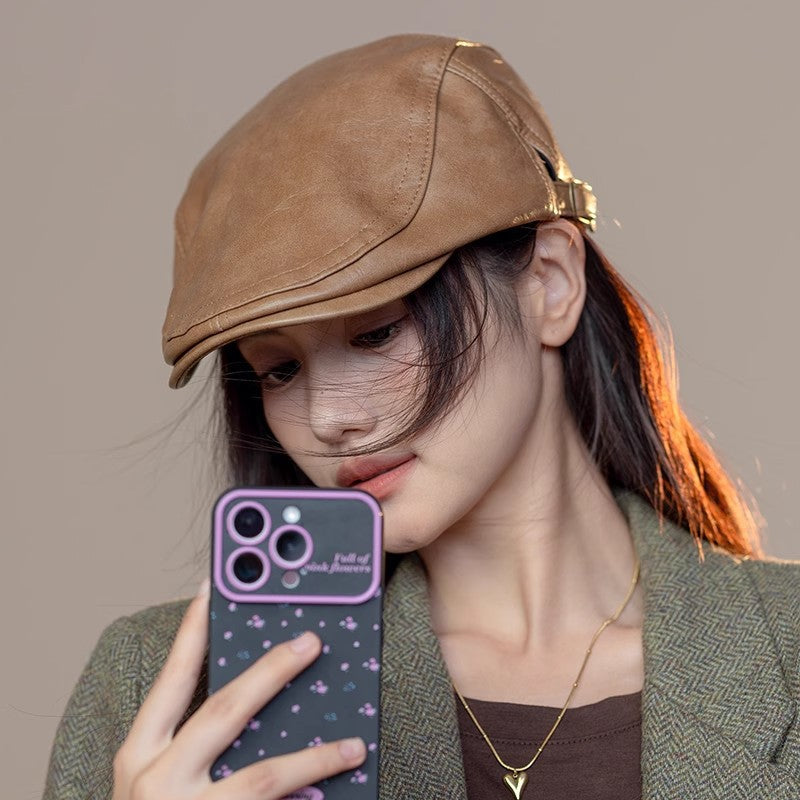 Béret en simili cuir rétro – Taille unique