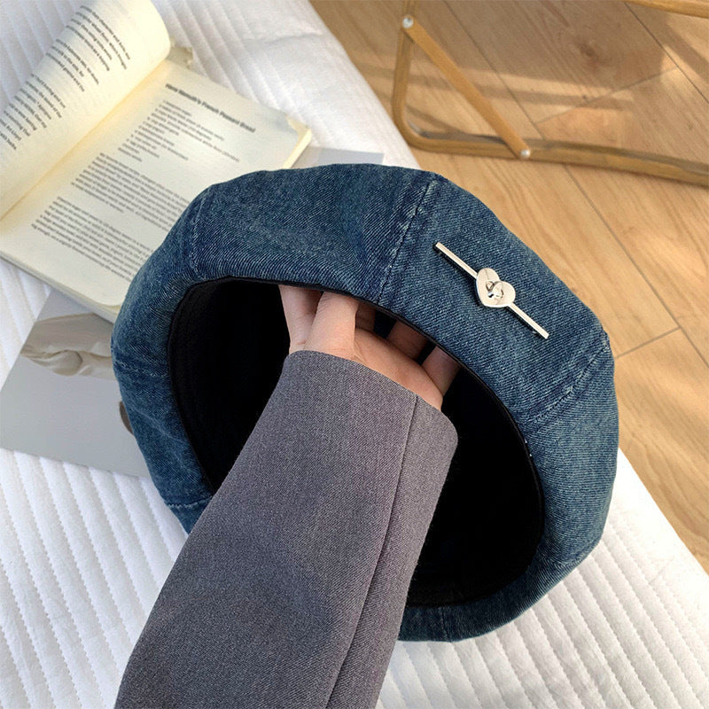 Béret femme effet denim délavé – Motif cœur