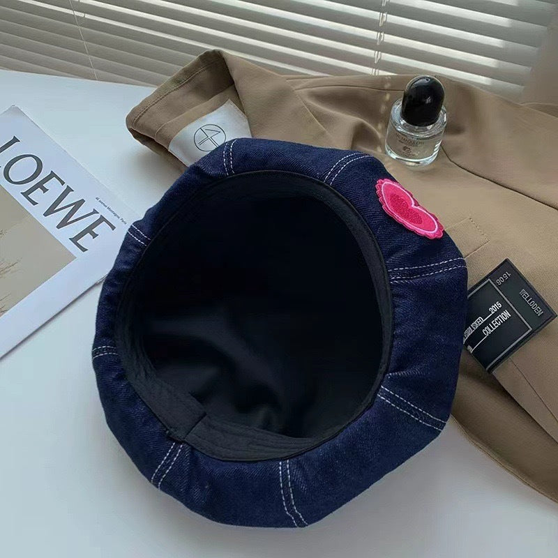 Béret femme effet denim délavé – Motif cœur