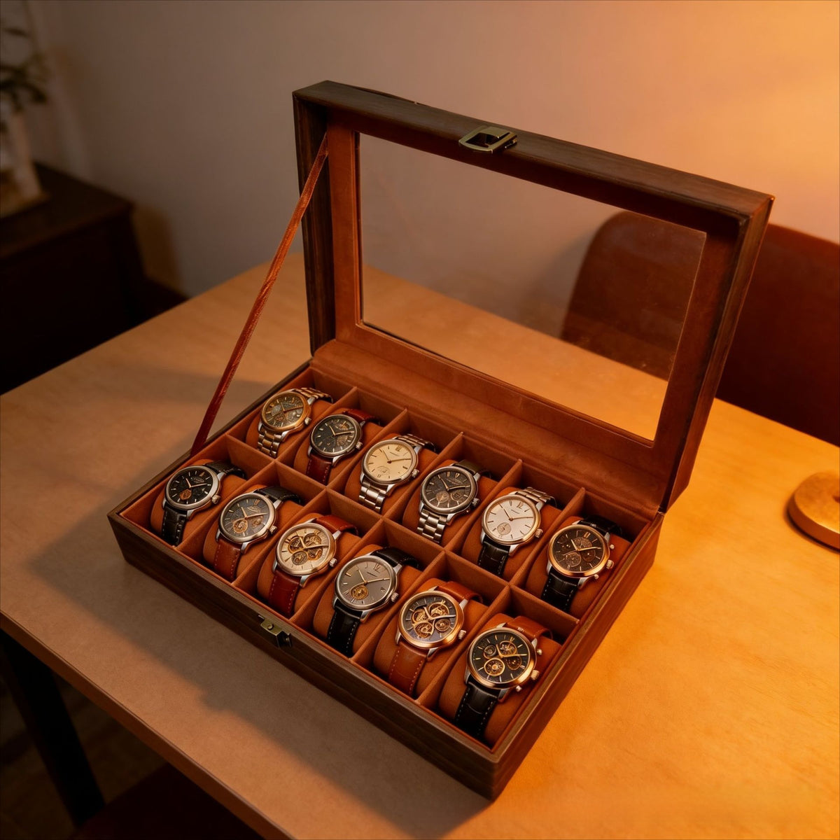 Boîte à montres 12 emplacements – Simili cuir effet bois