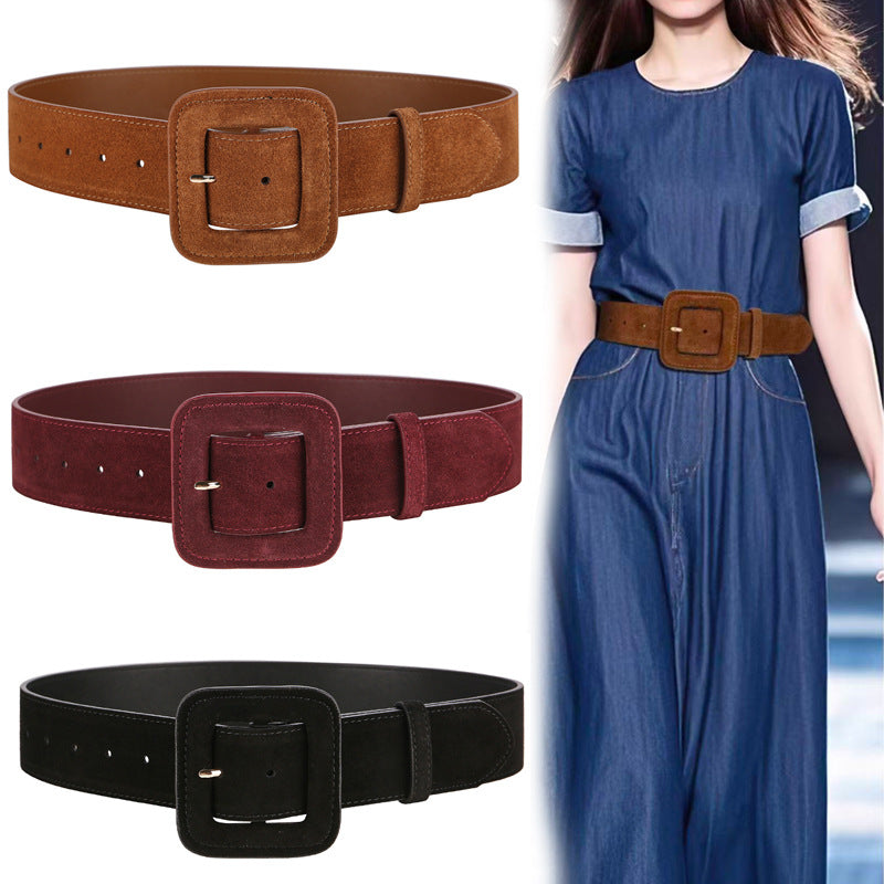 Ceinture large femme en cuir suédé mat – Boucle géométrique