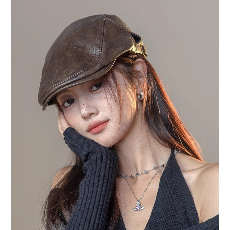 Béret en simili cuir rétro – Taille unique