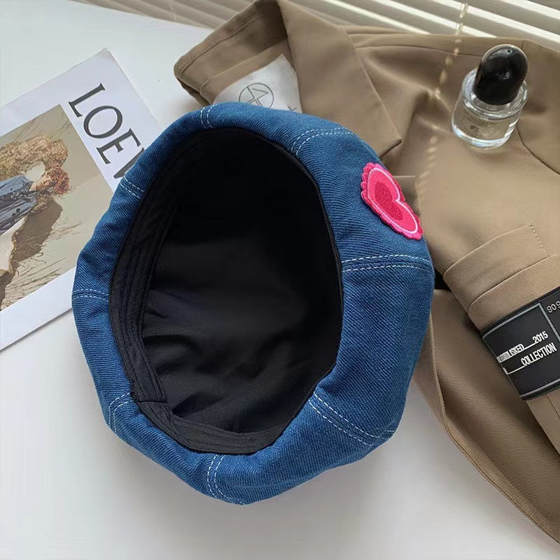 Béret femme effet denim délavé – Motif cœur