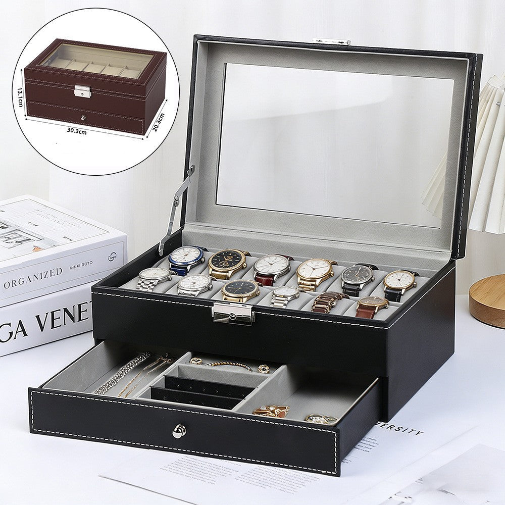 Boîte à montres et bijoux double étage – 12 montres, fenêtre transparente