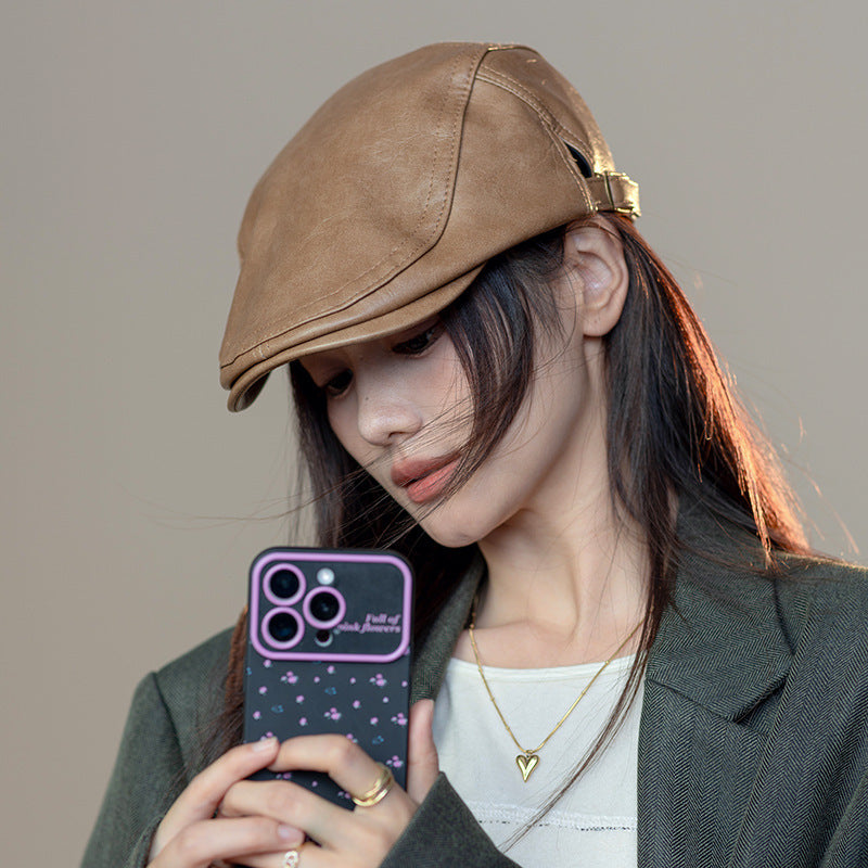 Béret en simili cuir rétro – Taille unique
