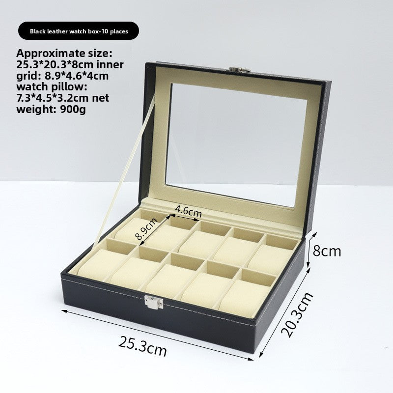 Boîte à montres en simili cuir – Dessus en verre, coussins doux