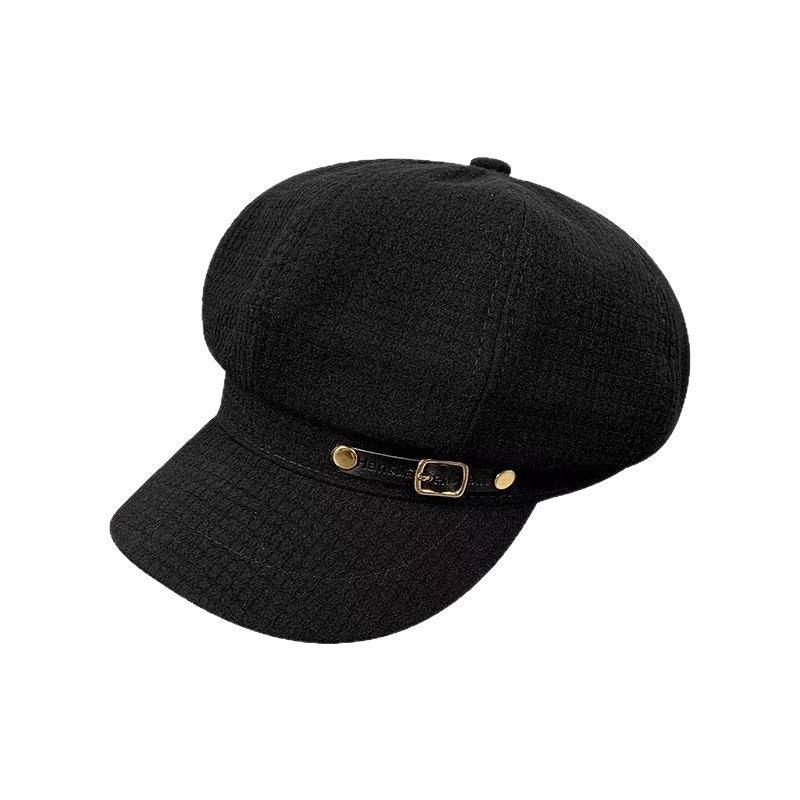 Béret octogonal femme en acrylique – Boucle cuir