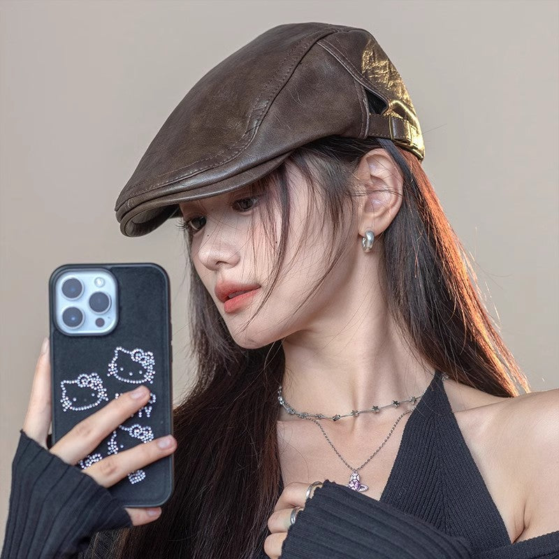 Béret en simili cuir rétro – Taille unique