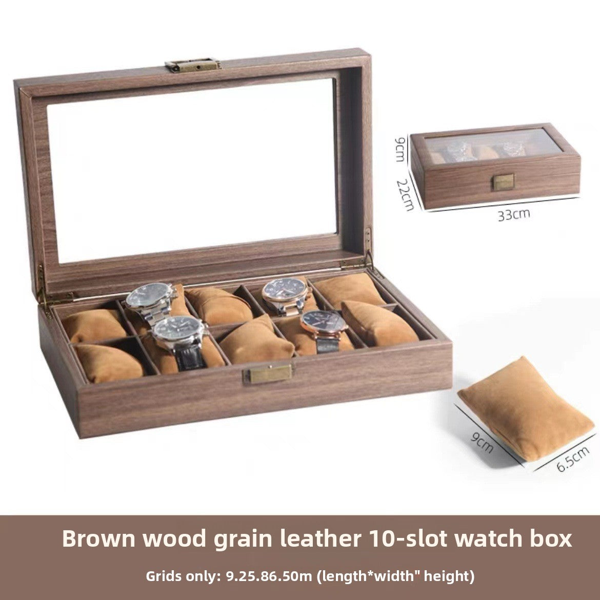 Boîte à montres en simili cuir – Dessus en verre, coussins doux