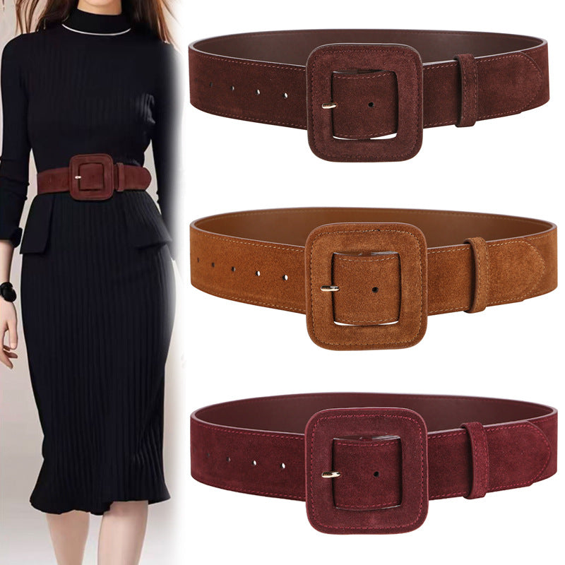 Ceinture large femme en cuir suédé mat – Boucle géométrique