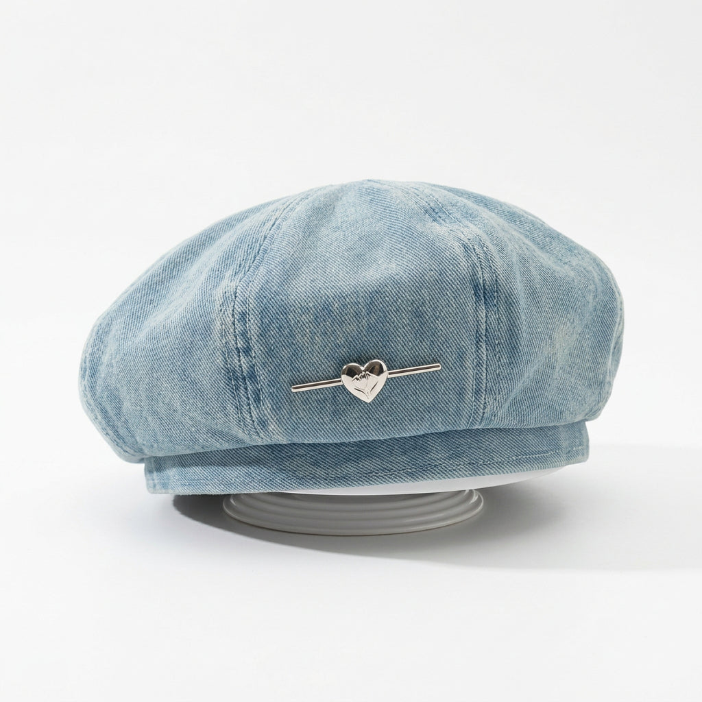 Béret femme effet denim délavé – Motif cœur