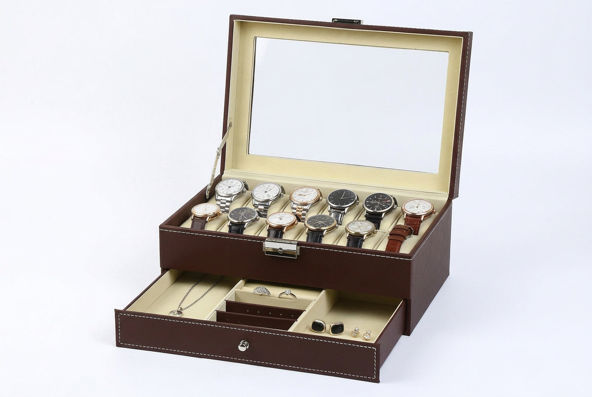Boîte à montres et bijoux double étage – 12 montres, fenêtre transparente