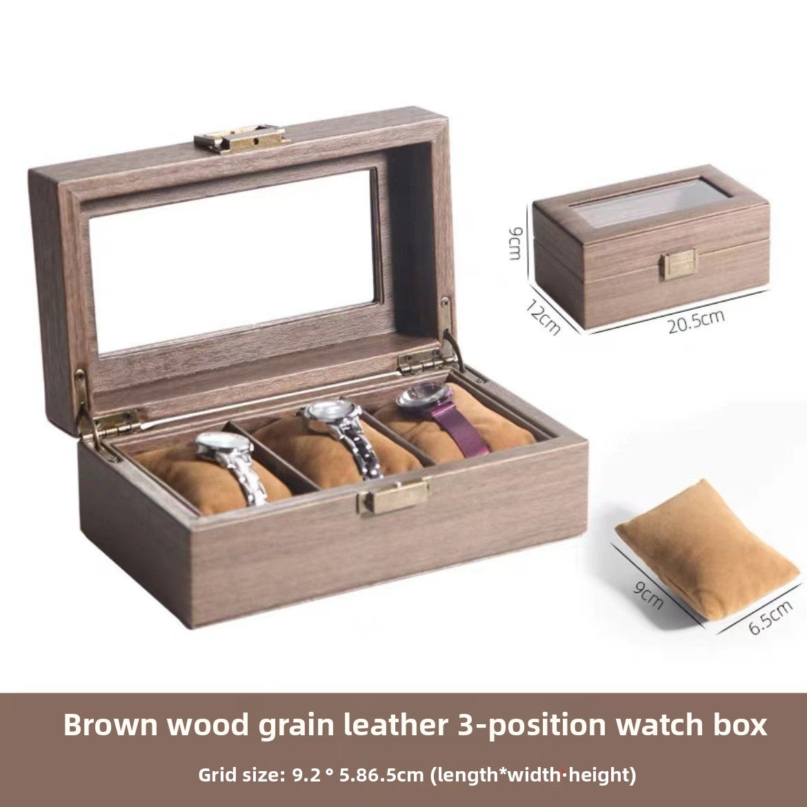Boîte à montres en simili cuir – Dessus en verre, coussins doux