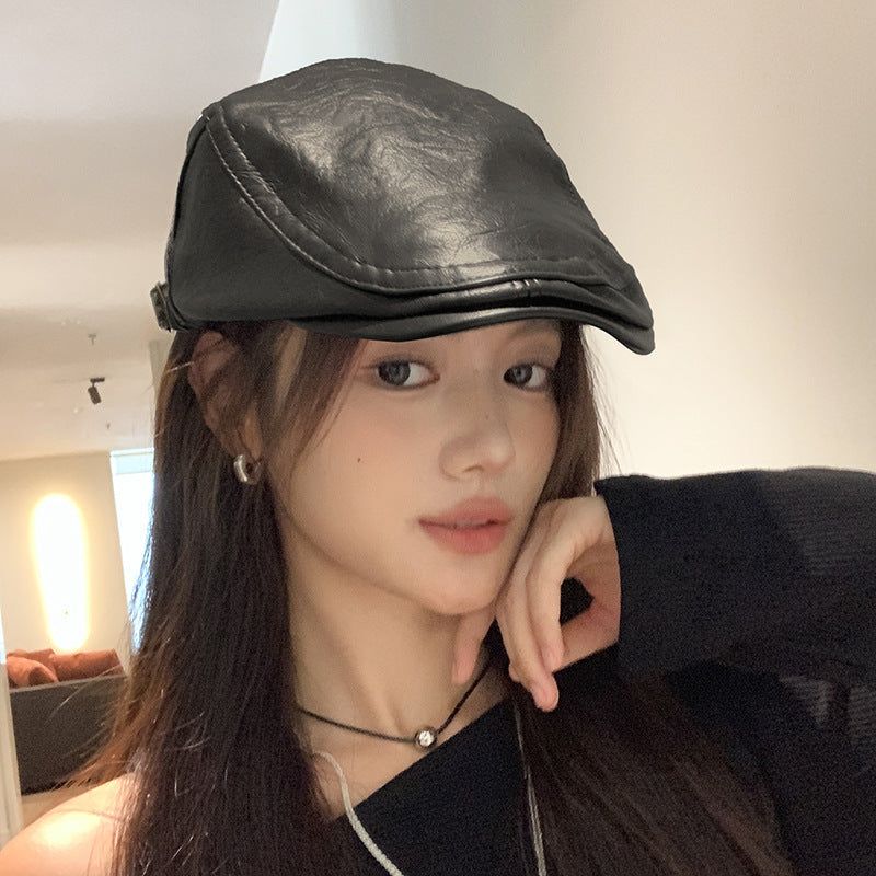 Béret en simili cuir rétro – Taille unique