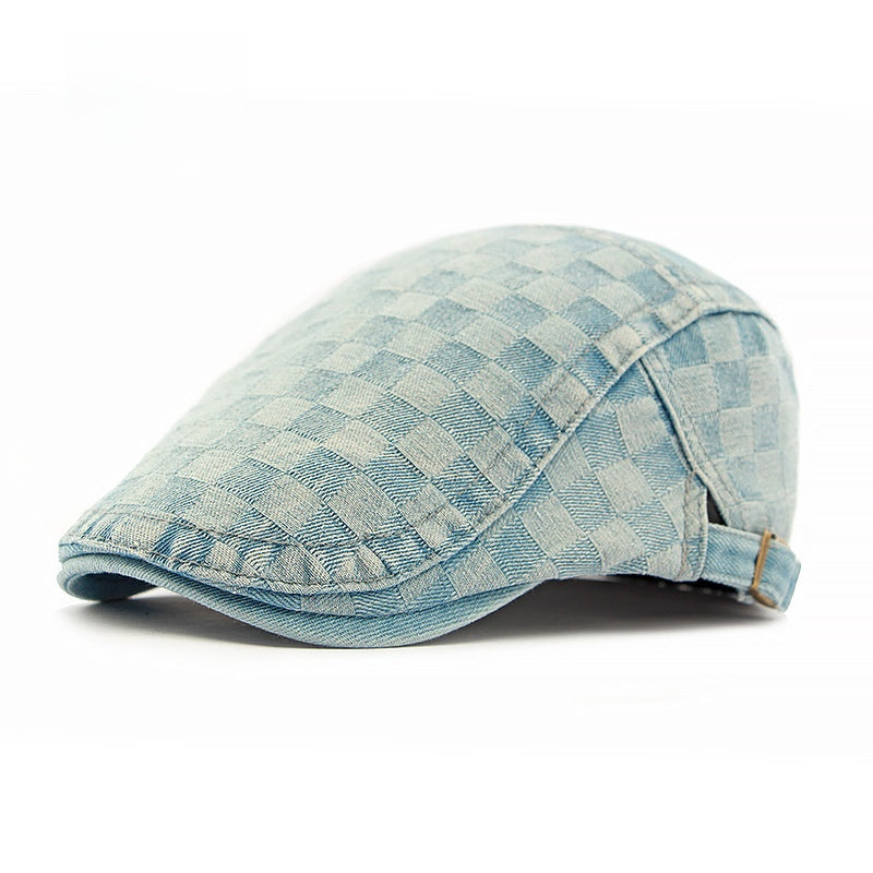 Casquette en denim délavé à carreaux – Style rétro