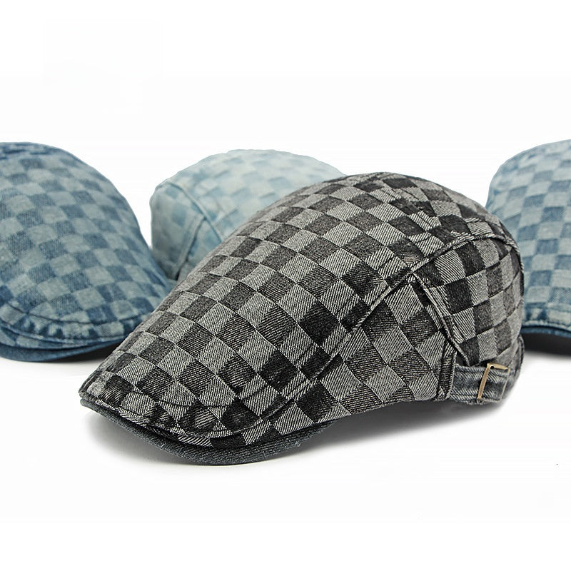 Casquette en denim délavé à carreaux – Style rétro
