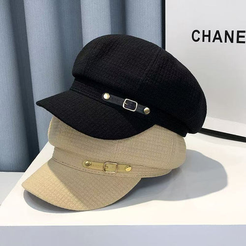Béret octogonal femme en acrylique – Boucle cuir