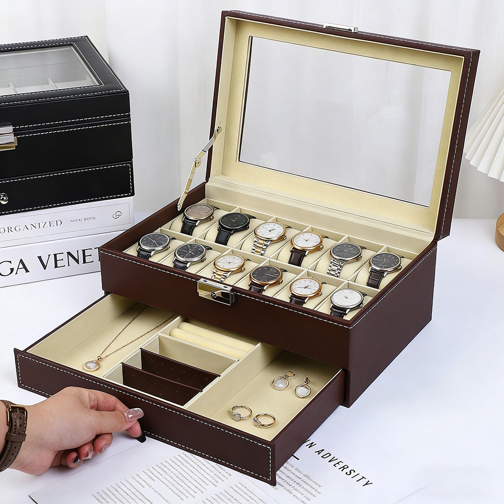 Boîte à montres et bijoux double étage – 12 montres, fenêtre transparente