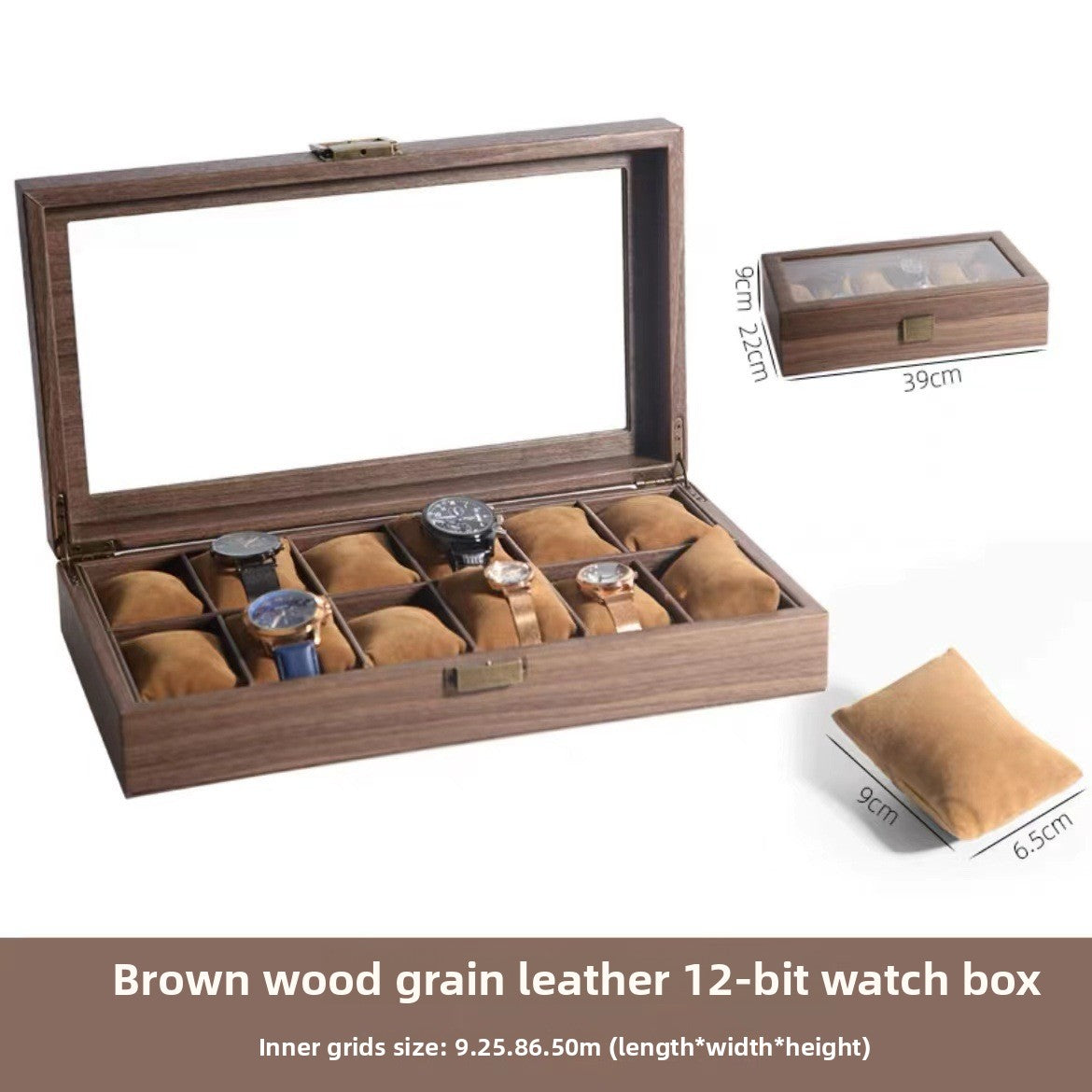 Boîte à montres en simili cuir – Dessus en verre, coussins doux