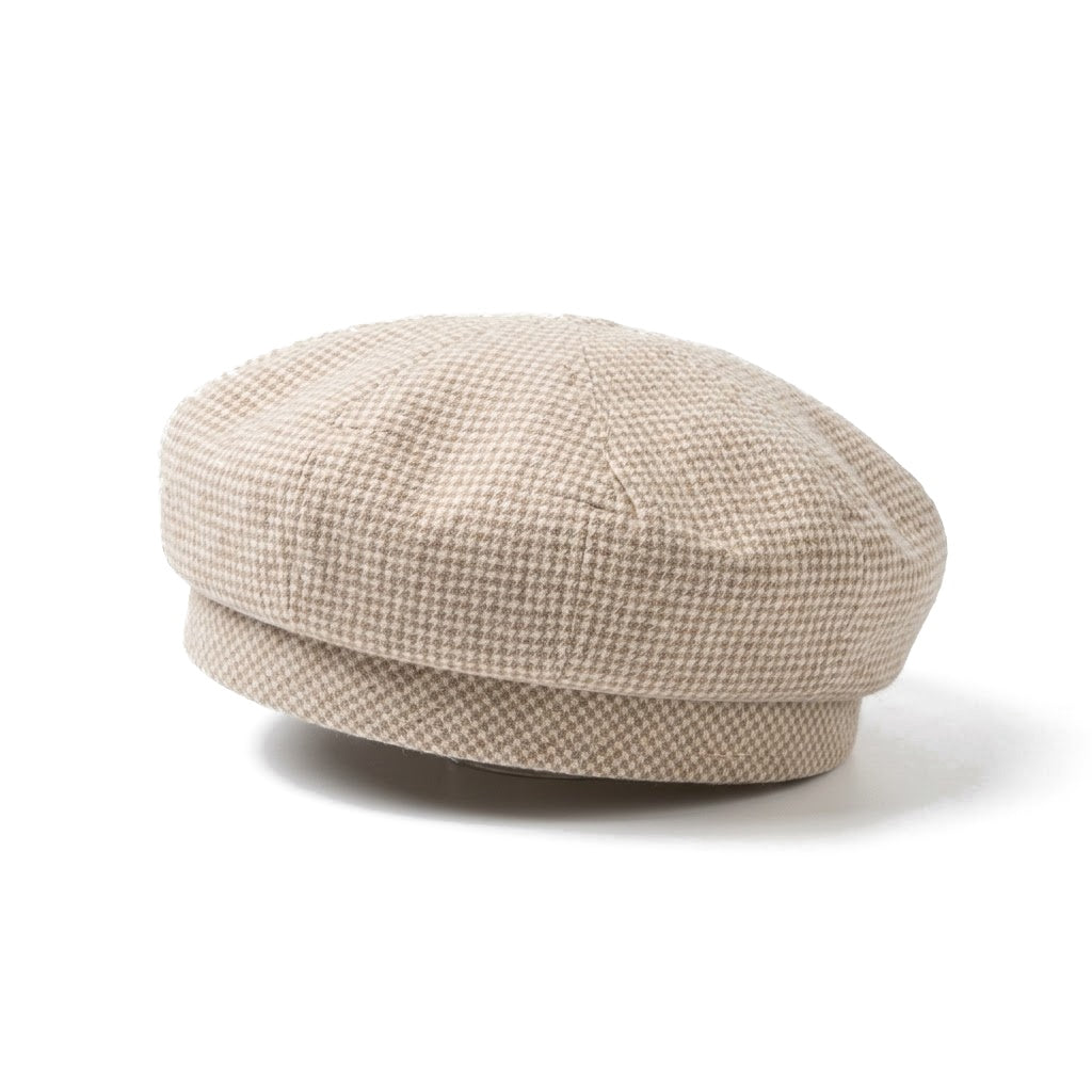 Béret femme à bord roulé pied-de-poule beige
