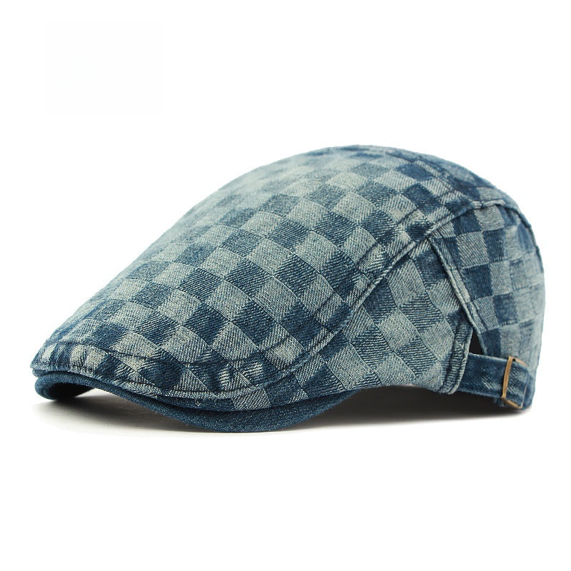 Casquette en denim délavé à carreaux – Style rétro
