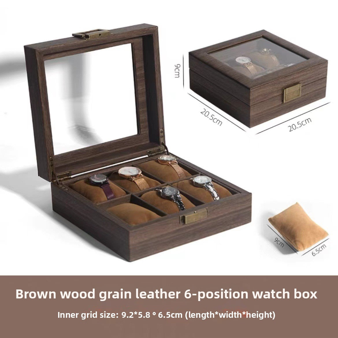 Boîte à montres en simili cuir – Dessus en verre, coussins doux