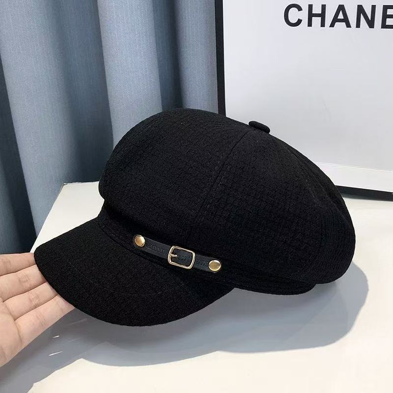 Béret octogonal femme en acrylique – Boucle cuir