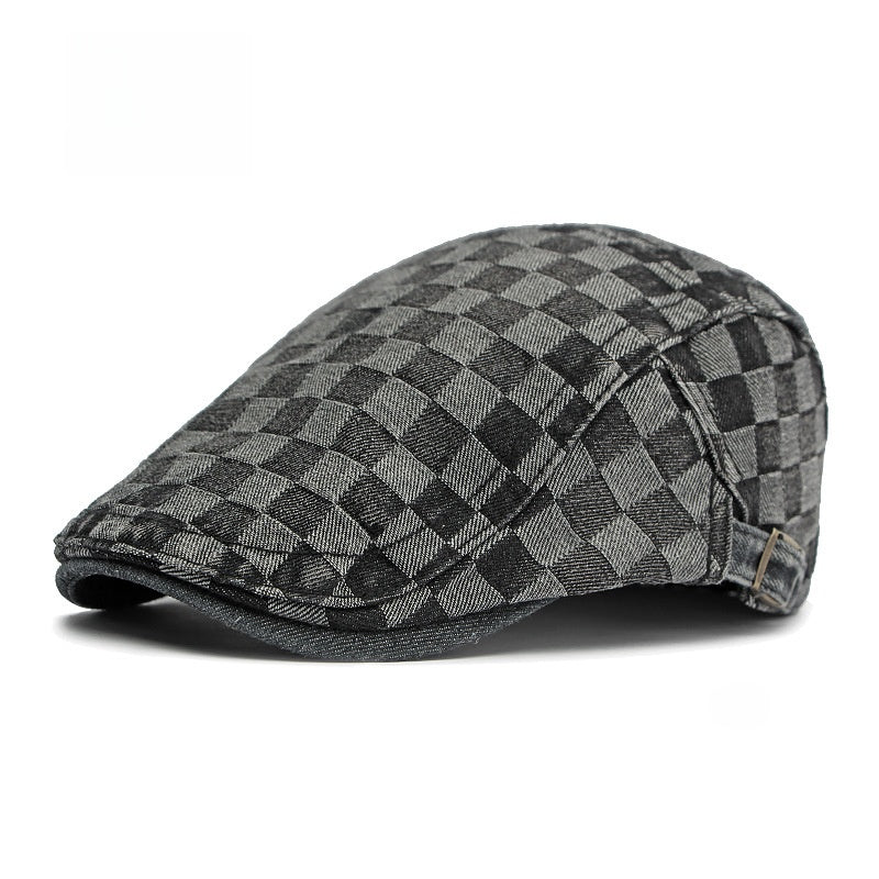 Casquette en denim délavé à carreaux – Style rétro