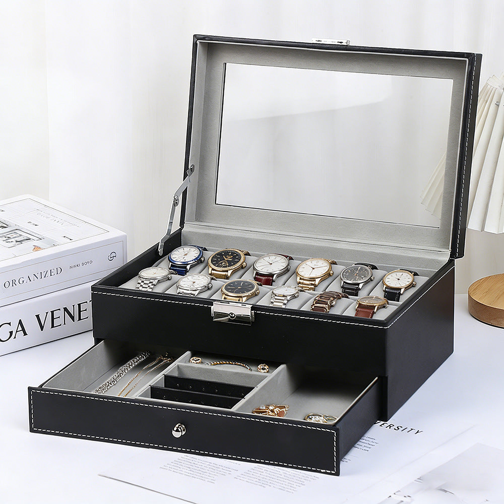 Boîte à montres et bijoux double étage – 12 montres, fenêtre transparente