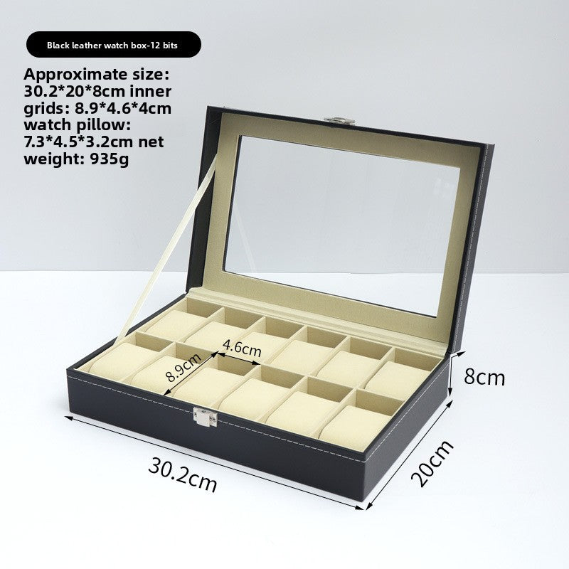 Boîte à montres en simili cuir – Dessus en verre, coussins doux