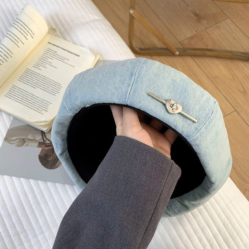 Béret femme effet denim délavé – Motif cœur