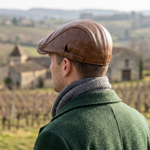 Béret en simili cuir rétro porté, vue de dos en gros plan