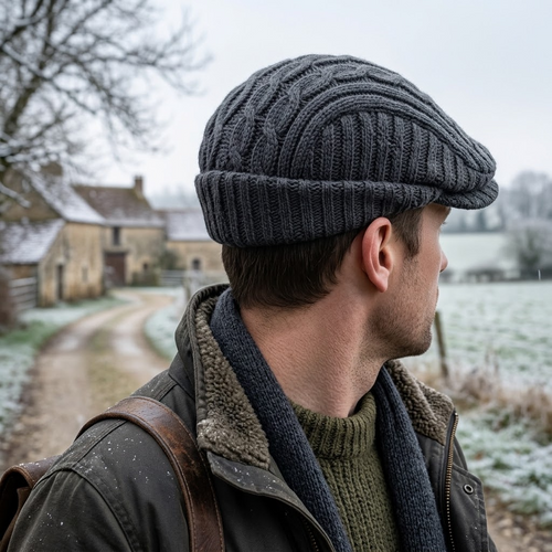 Béret en maille doublé polaire porté, vu de dos, campagne française